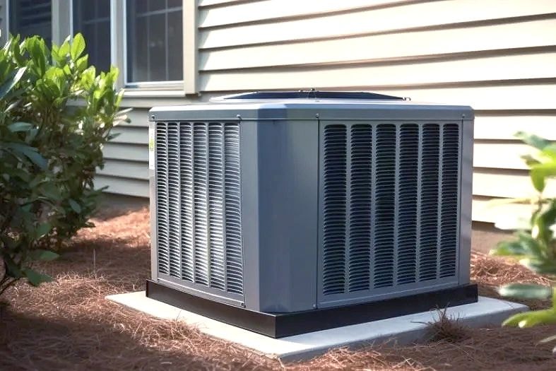 Residential HVAC air conditioning unit installed outside a house